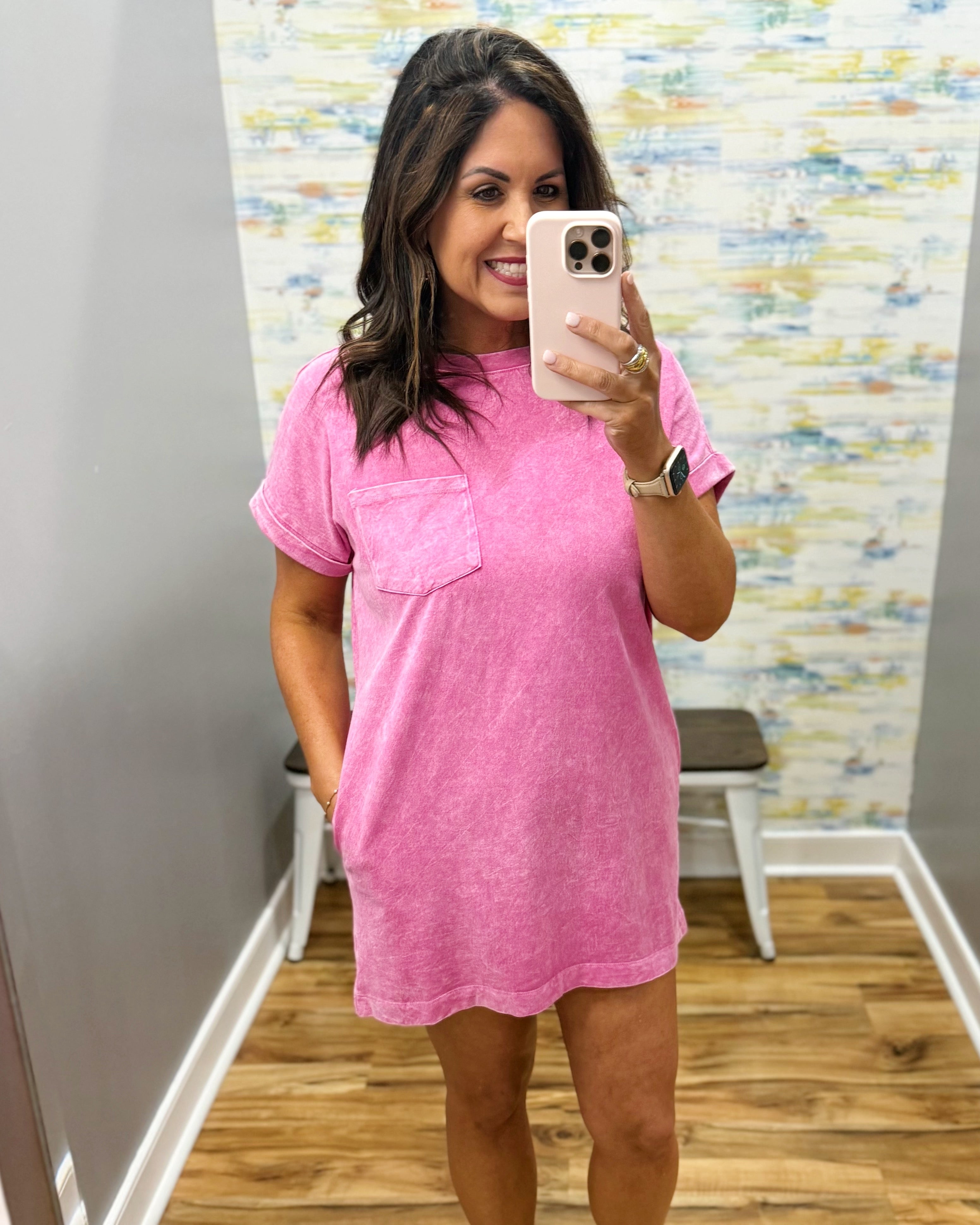 woman wearing hot pink t-shirt dress with sandals. 