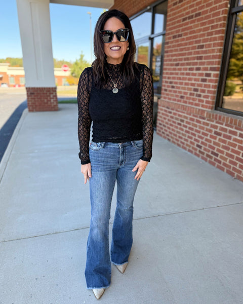 Royce Mock Neck Lace Top in Black