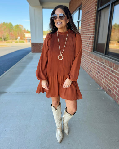 Aurora Pleated Dress in Rust