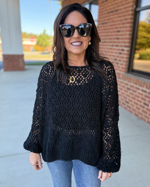 Addison Boat Neck Crochet Sweater in Black