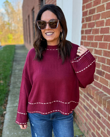 Nancy Stitch Detail Sweater in Wine