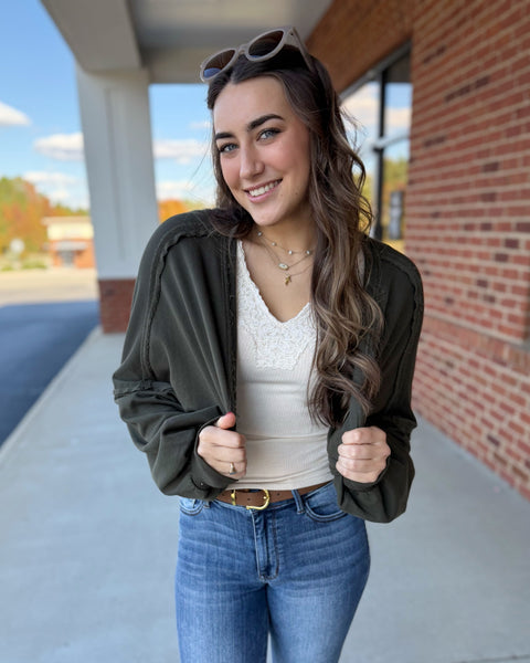 Audrey Cropped Open Cardigan in Green