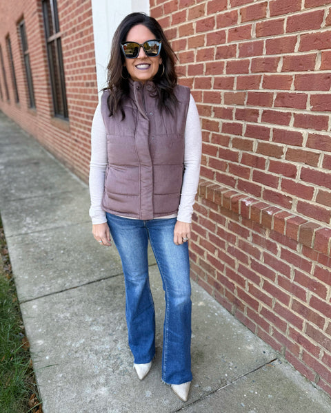 Drew Suede Puffer Vest in Cocoa