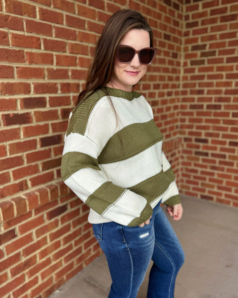 Kadie REG/CURVY Stripe Knit Sweater in Olive