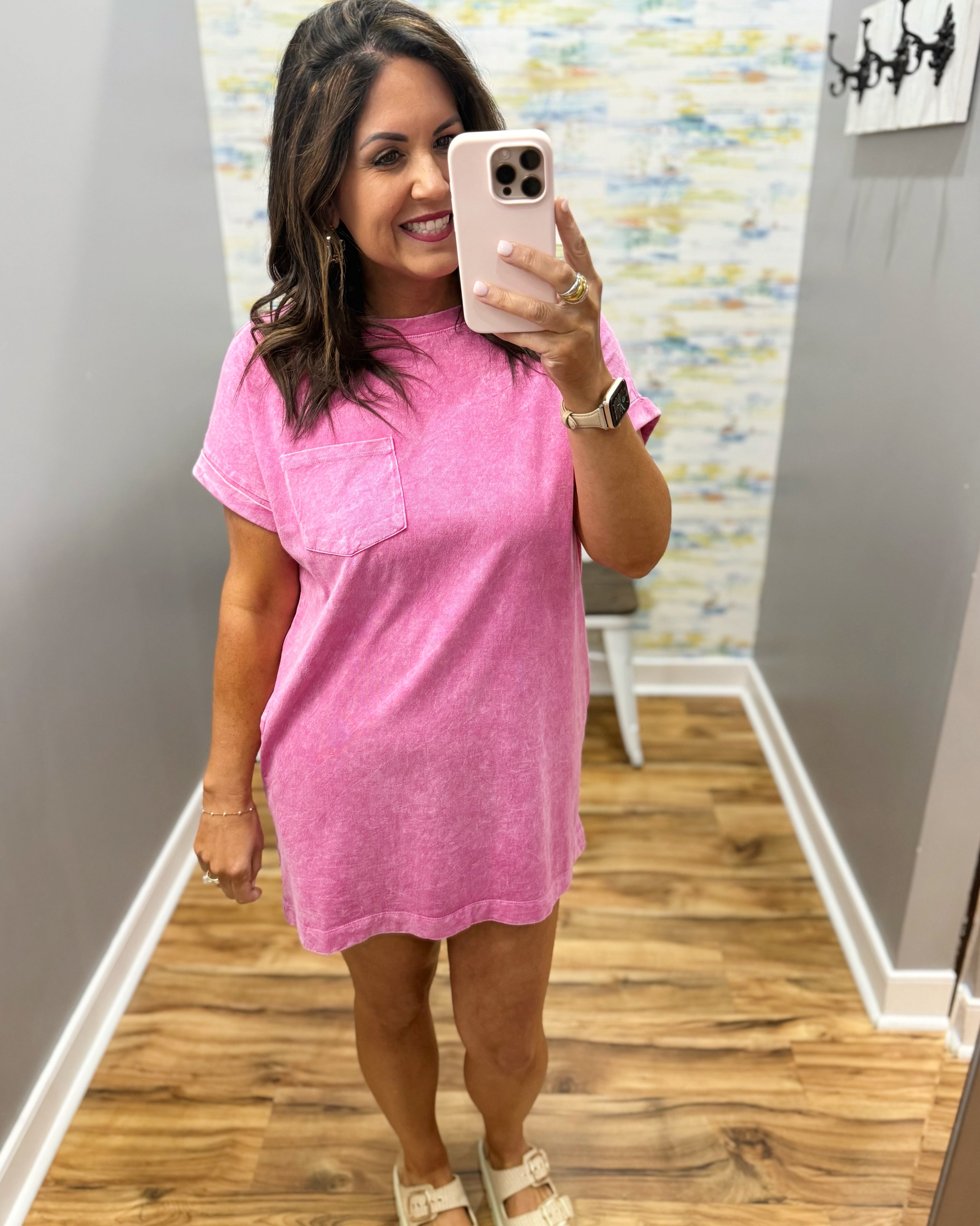 woman wearing hot pink t-shirt dress with sandals. 