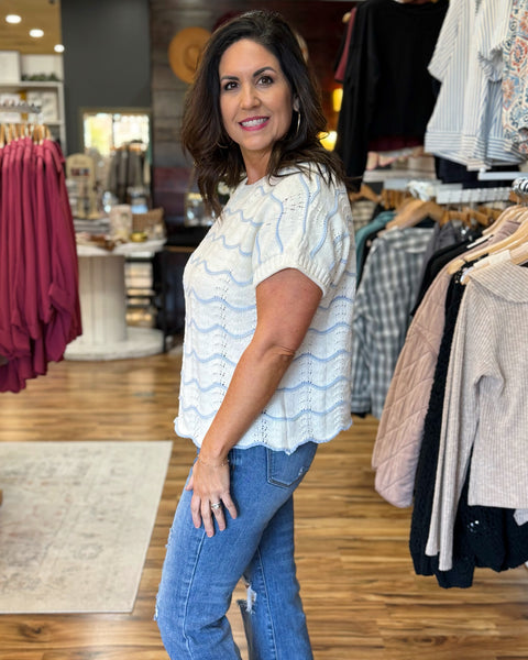 Ella Scallop Knit Sweater in Blue