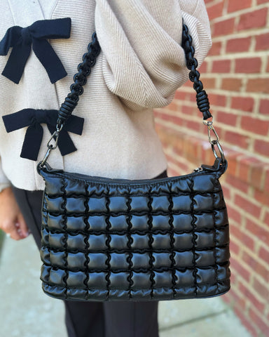 Jacqueline Puffer Shoulder Bag w/ Macrame Strap in Black