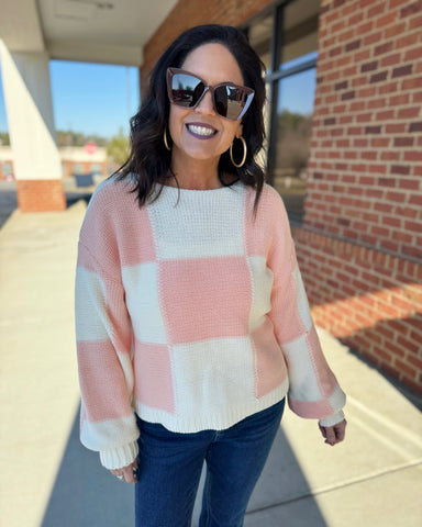 Rachelle Checker Sweater in Strawberry