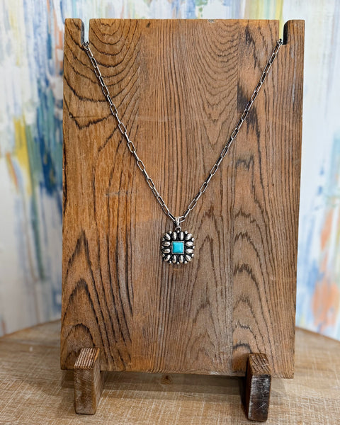 Square Concho Pendant Necklace in Worn Silver