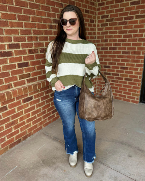 Kadie REG/CURVY Stripe Knit Sweater in Olive