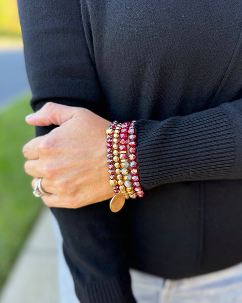 Sparkly Wine Beaded Bracelets with Gold Coin