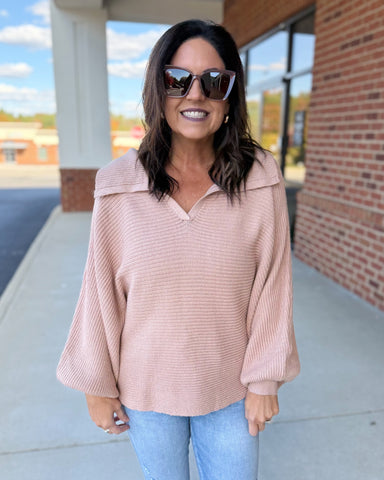 Bobbi Collared Dolman Sweater in Taupe