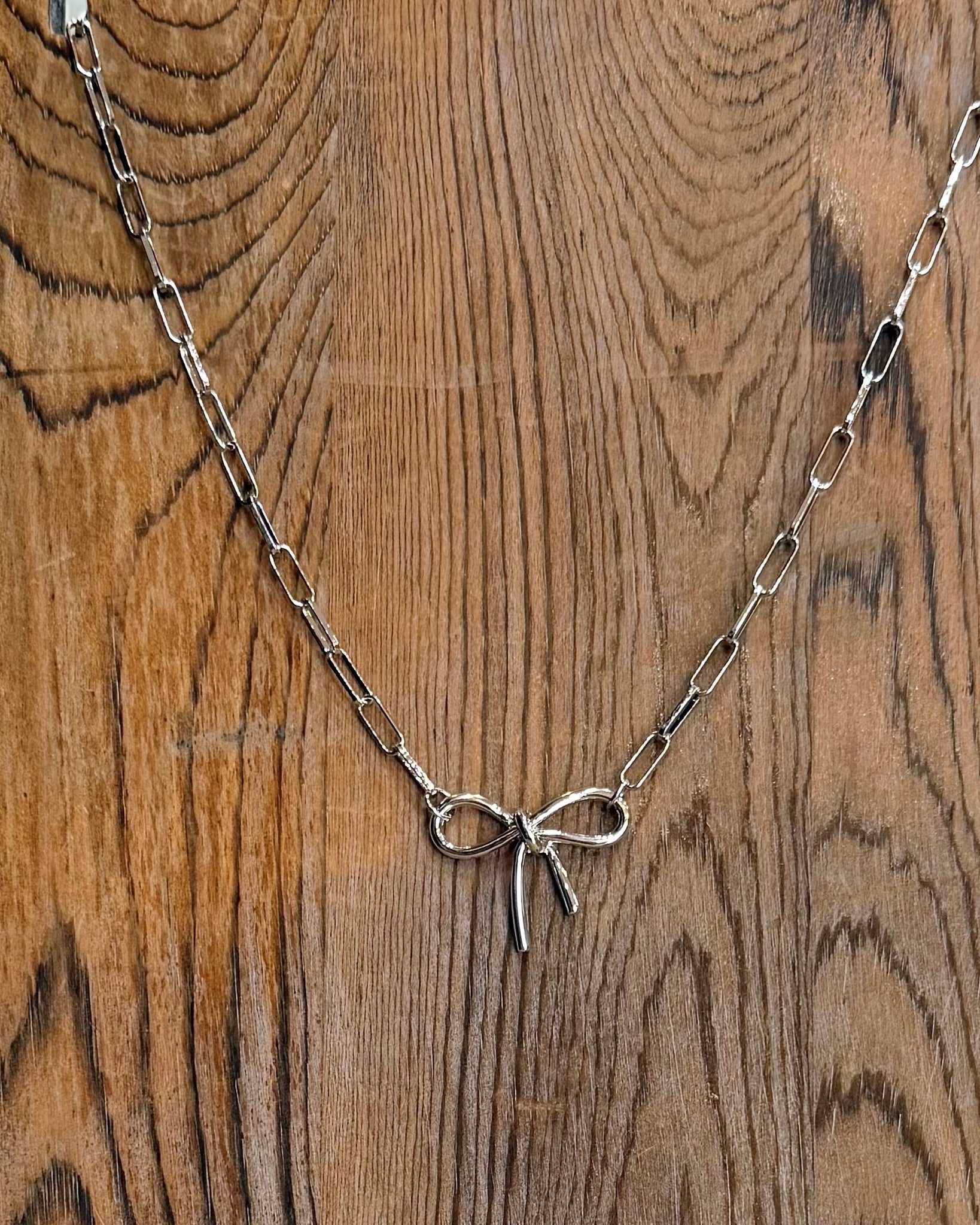 Dainty Silver Paperclip Chain Bow Necklace