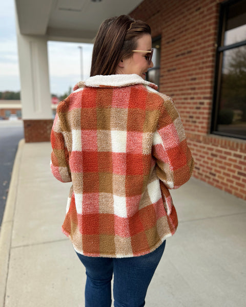 Fallon Faux Fur Plaid Jacket in Rust/Taupe