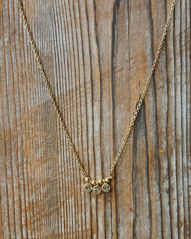 Dainty Grey Crystal Bezel Necklace with Golden Ball Beads