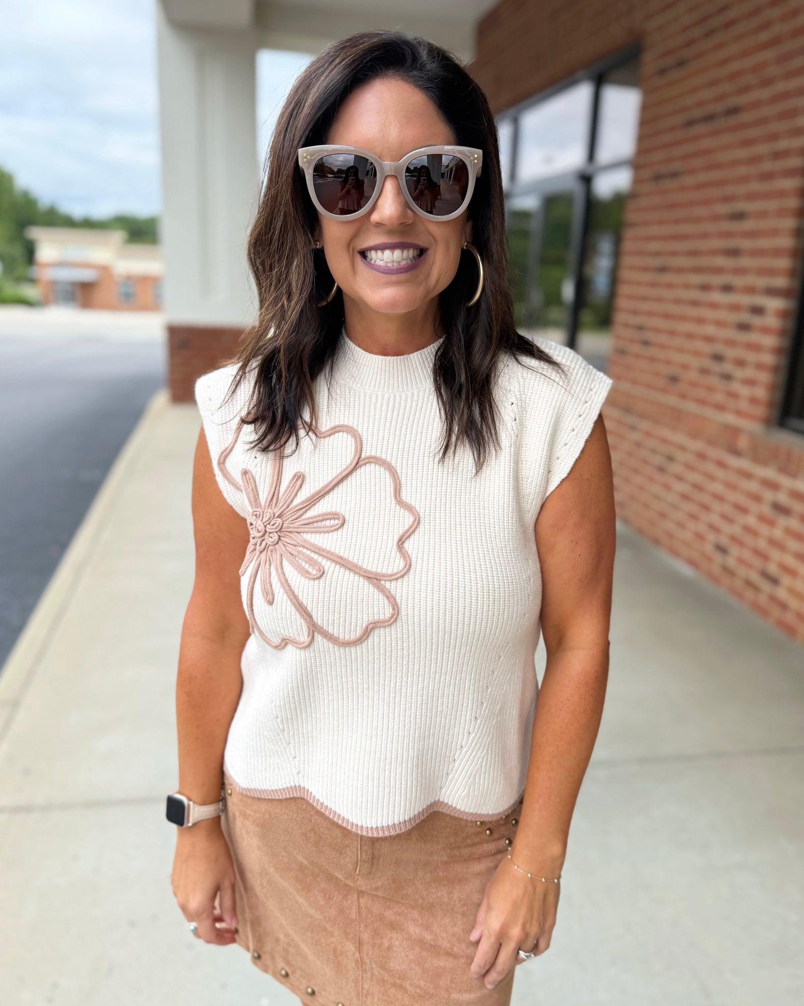 Saylor Floral Scallop Hem Sweater in Taupe FINAL SALE