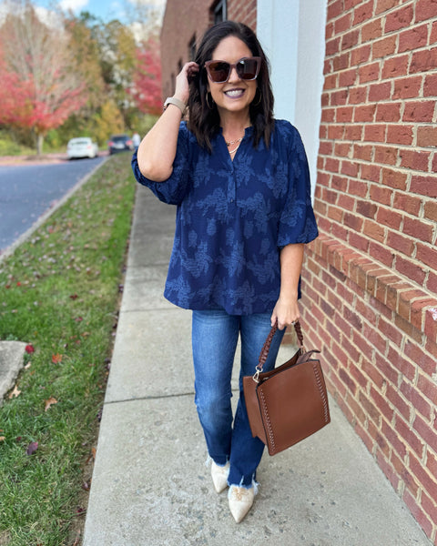 Valerie REG/CURVY Floral Burnout Blouse in Navy