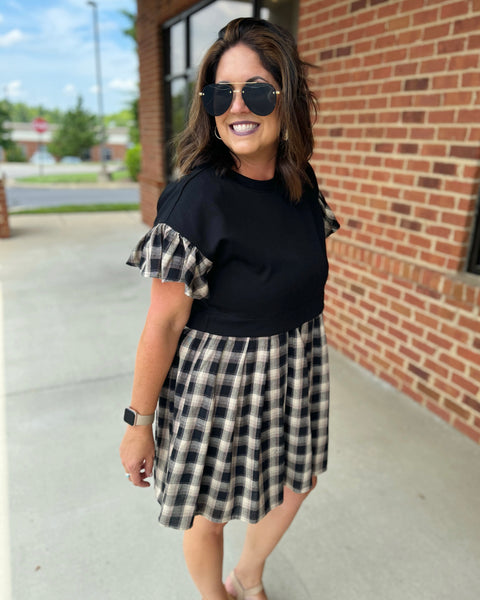 Kenna Plaid Twofer Dress in Black