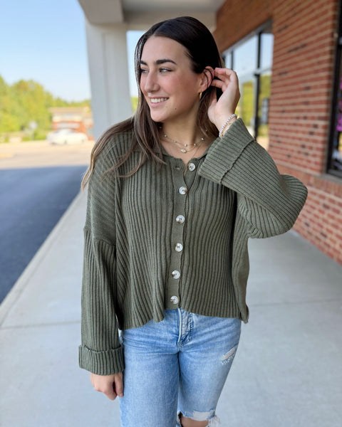 Trisha Collared Button Up Sweater Top in Olive FINAL SALE