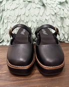 Corkys Me Time Wedge in black. Retro-style, closed-toe platform shoe.