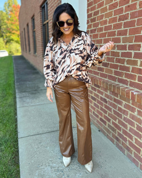 Naomi Faux Leather Flare Pants in Brown