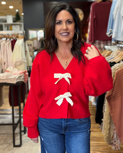 Scarlett Bow Cardigan in Red