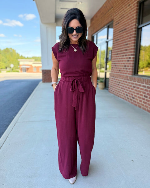 Parker Front Tie Jumpsuit in Wine FINAL SALE