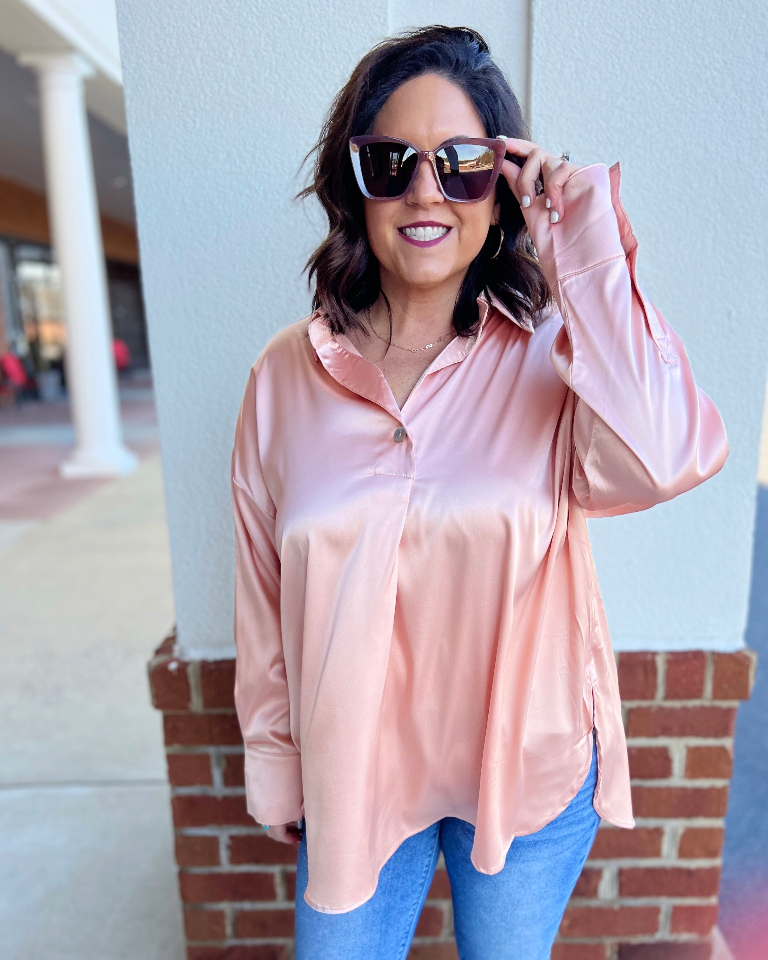 June REG/CURVY Satin Blouse in Apricot FINAL SALE – Madi Savvy
