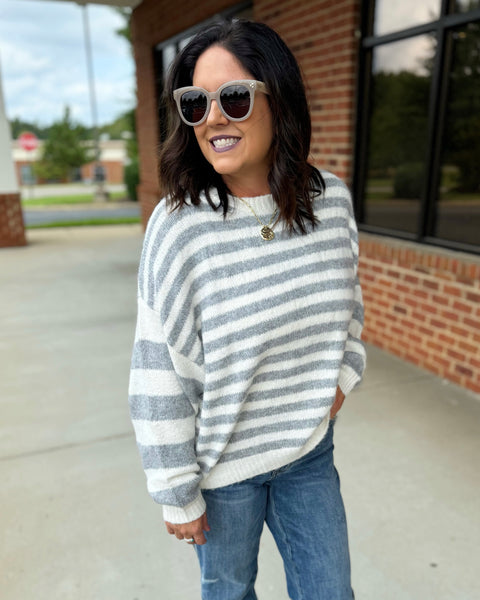 Lara Stripe Sweater in Ivory/Grey