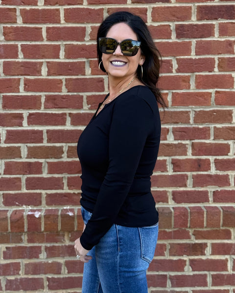 Dawn Split Neck Top in Black