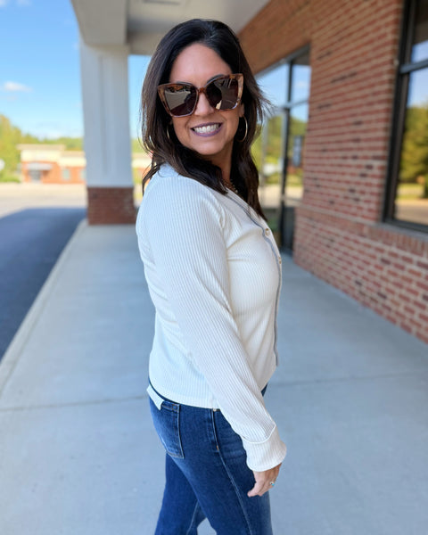 Vera Button Up Knit Top in Ecru/Grey FINAL SALE