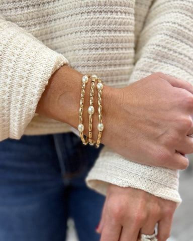 Gold Tone and Pearl Beaded Stack Bracelets
