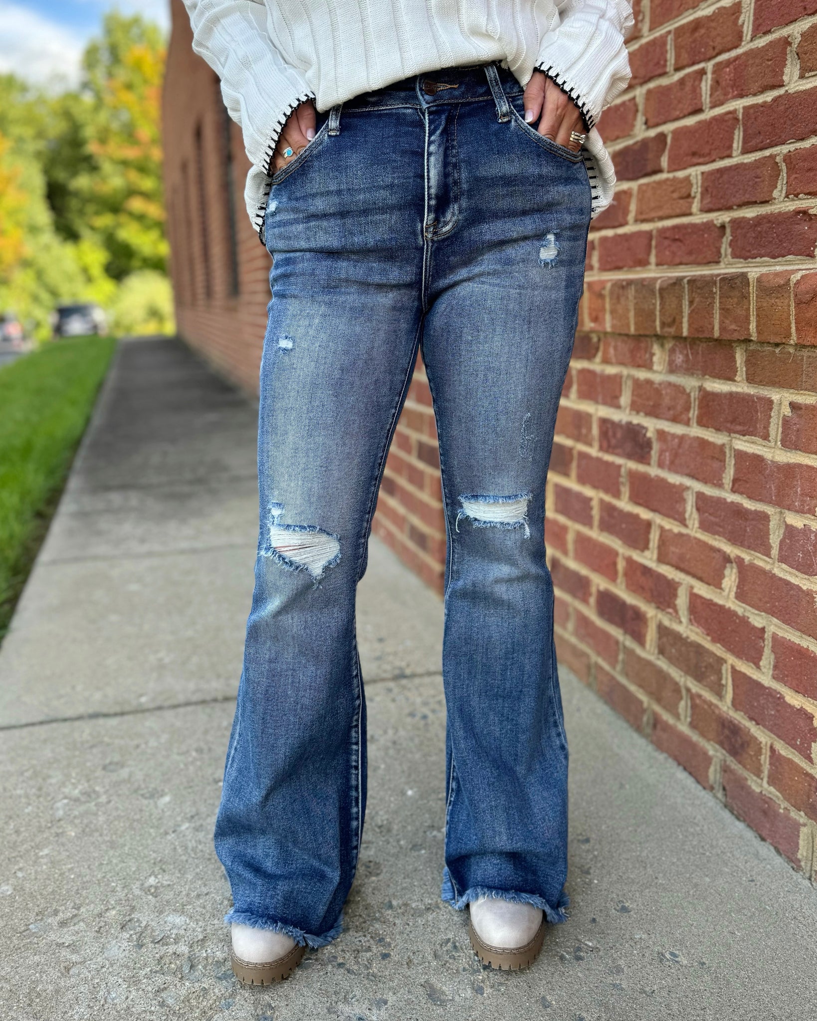 Risen REG/CURVY High Rise Distressed Flare Jeans