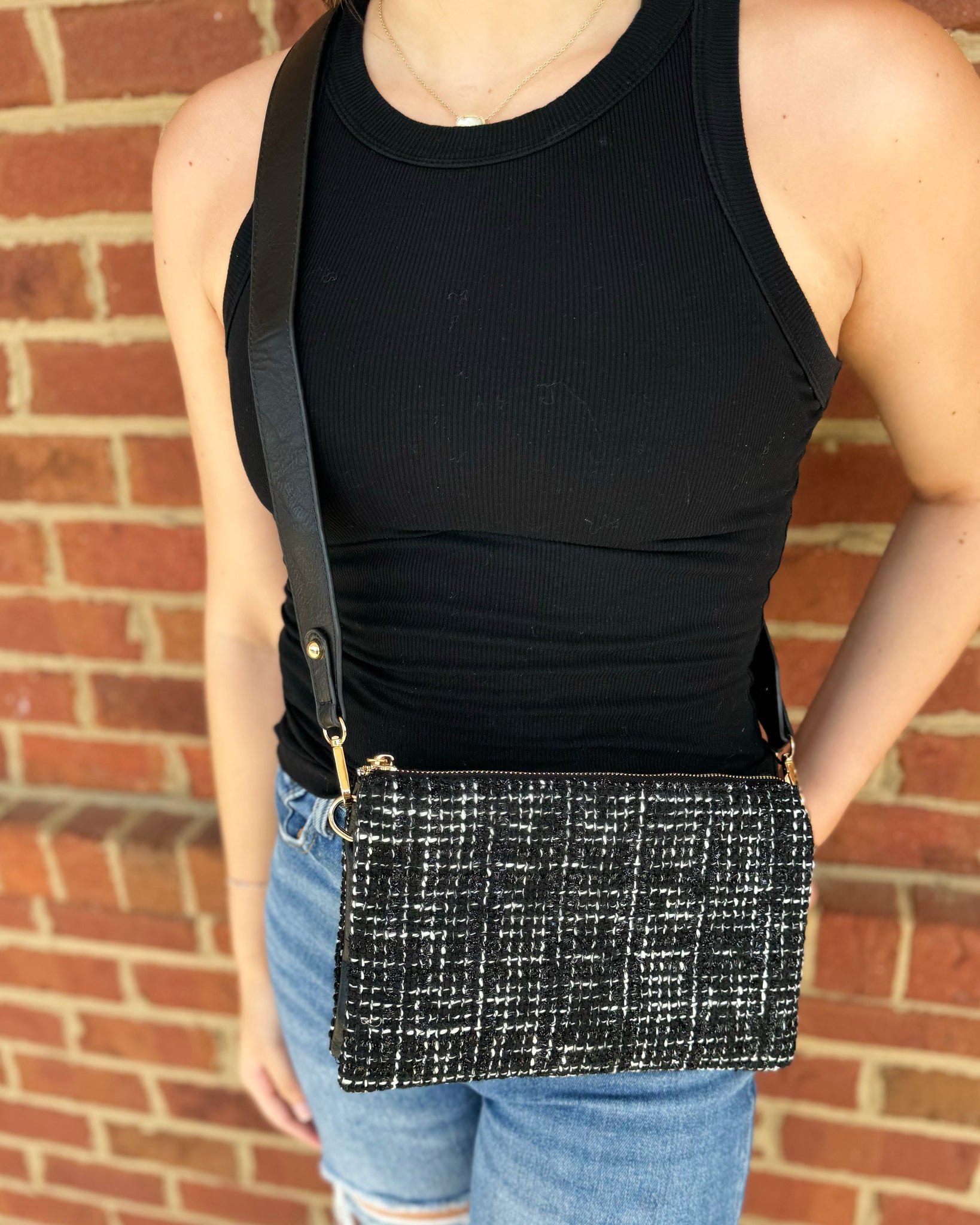 Izzy Crossbody in Black Tweed w/ Guitar Strap