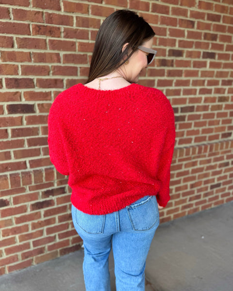 Brooke Sequin Popcorn Sweater in Red