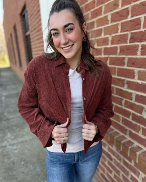 Sophia Corduroy Shacket in Brick FINAL SALE
