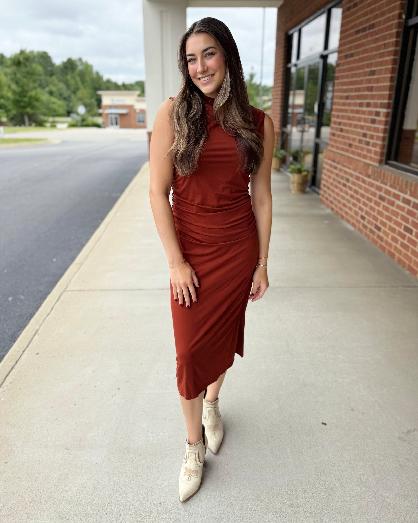 Tristan Draped Mock Neck Dress in Rust FINAL SALE