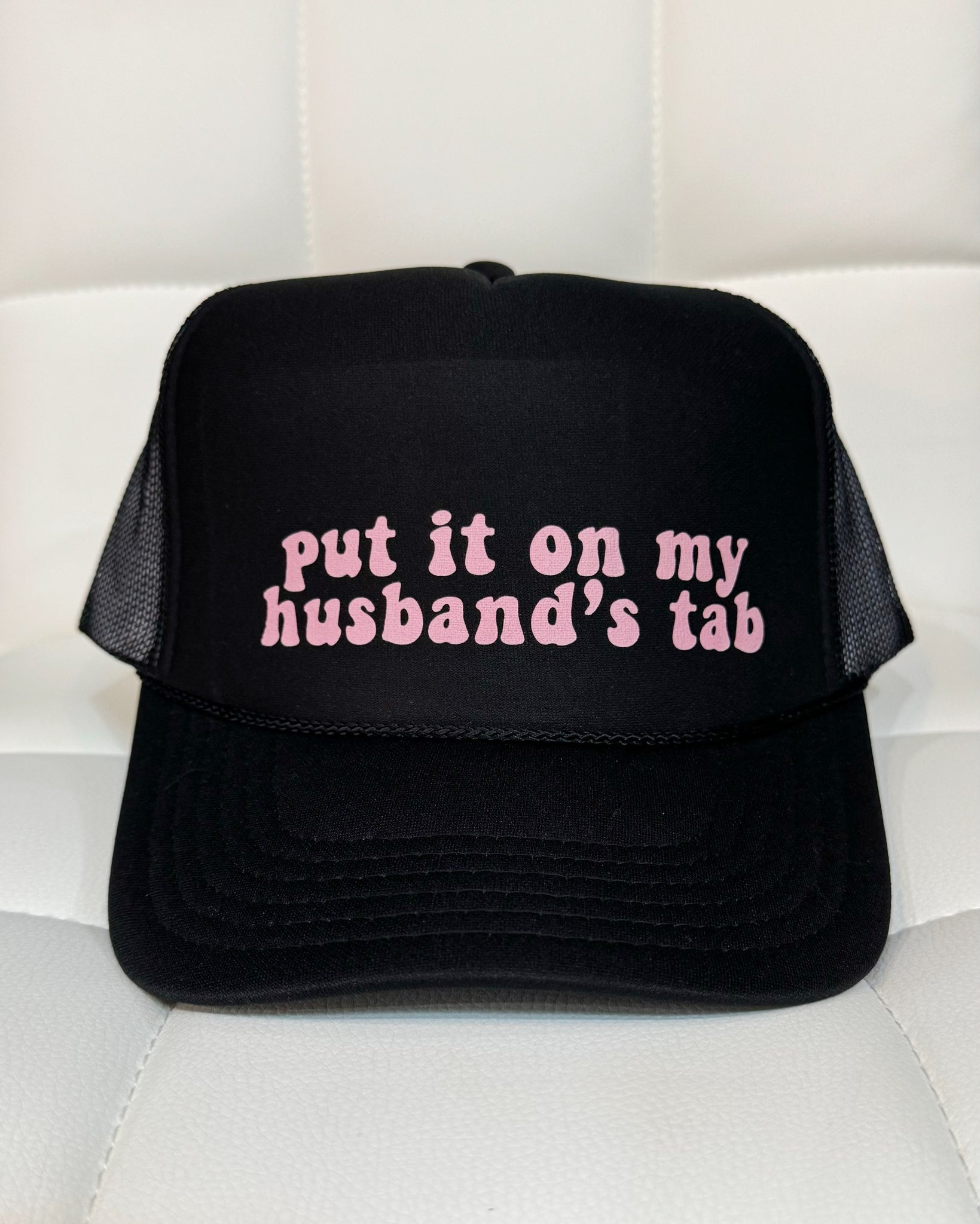 Husbands Tab Trucker Hat in Black/Pink