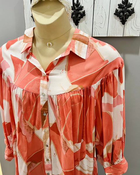 Judith CURVY Button Up Blouse in Coral FINAL SALE