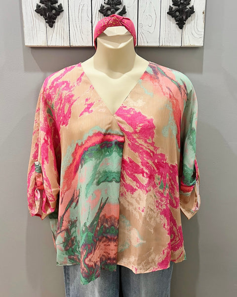 Tyler CURVY Watercolor Blouse in Pink/Green