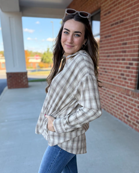 Tori Oversized Plaid Shirt in Mocha/Taupe