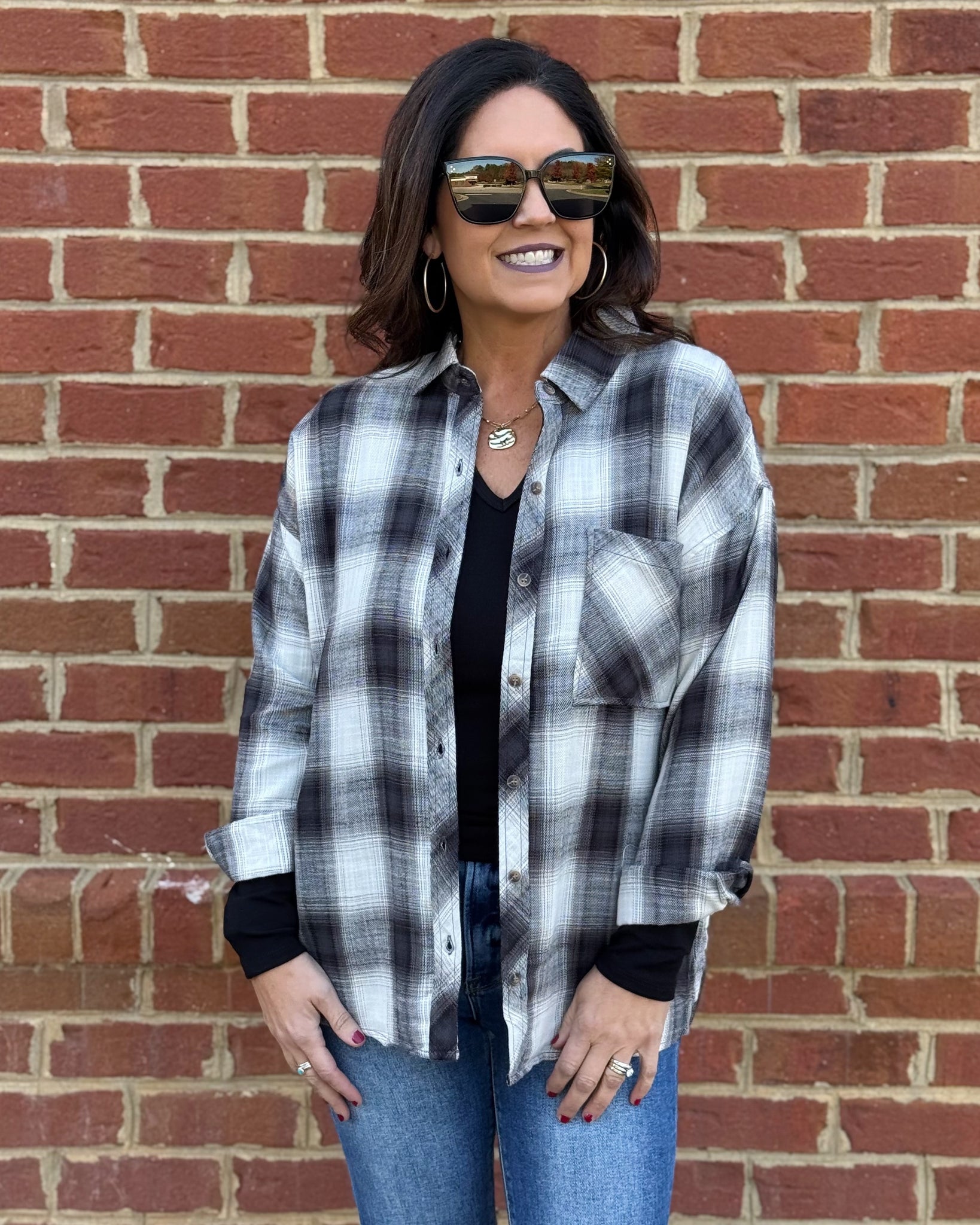 Dana Flannel Button Up in Charcoal