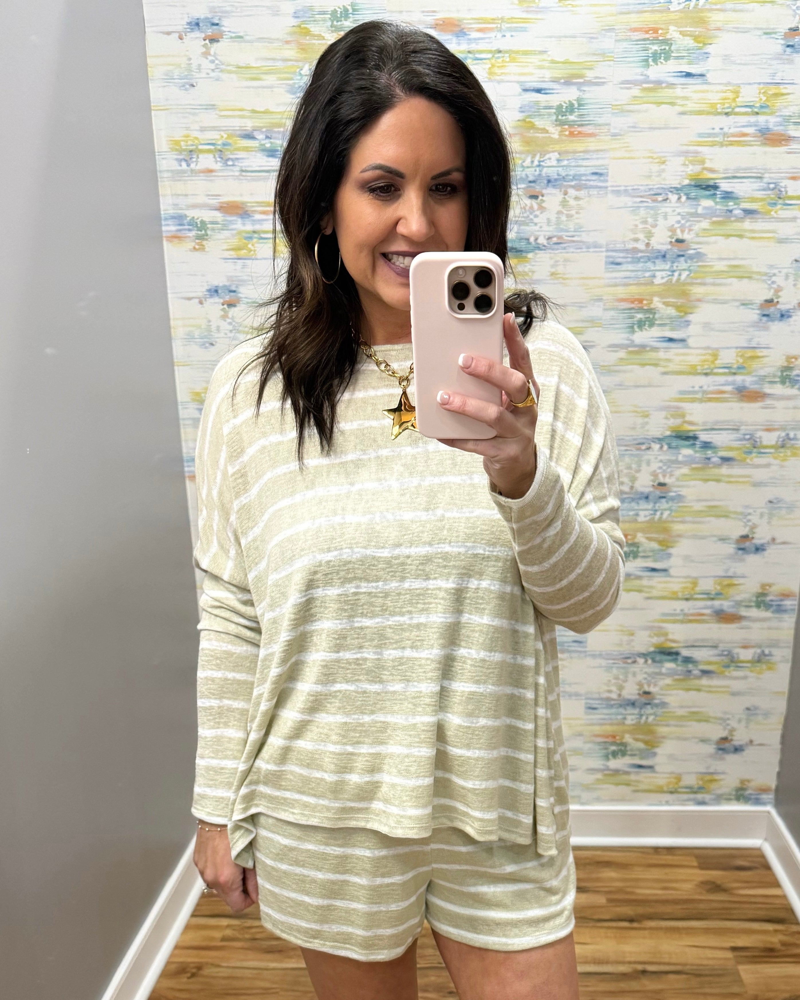 woman wearing taupe stripe loungewear set