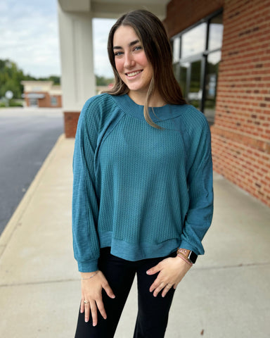 Olivia REG/CURVY Waffle Knit Top in Teal