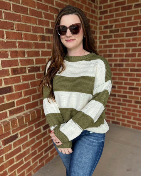 Kadie REG/CURVY Stripe Knit Sweater in Olive