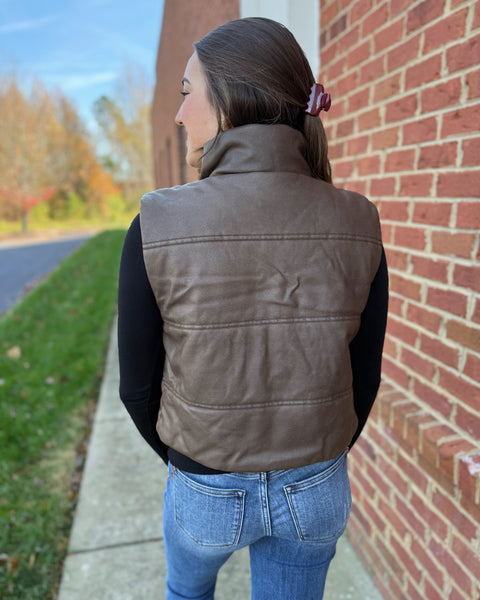 Danielle Faux Leather Puffer Vest in Brown