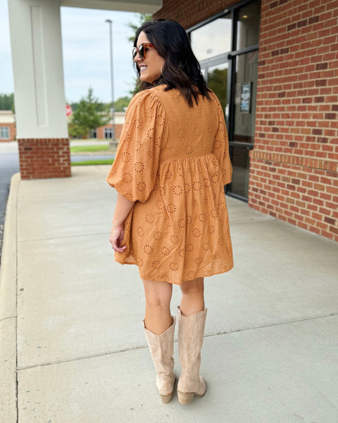 Cindy Eyelet Dress in Camel