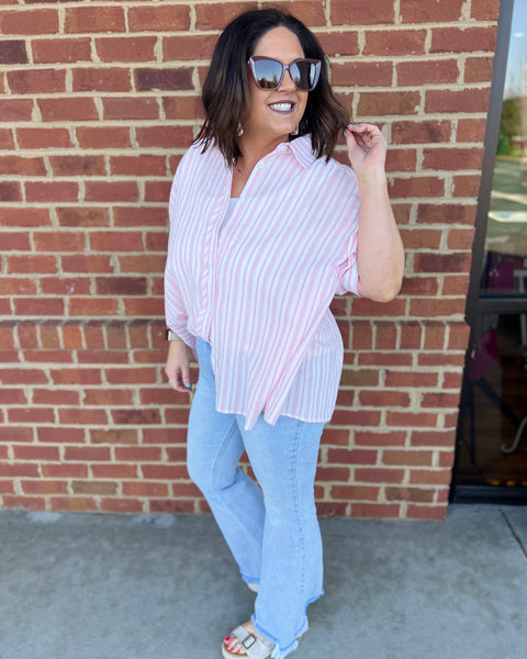 Tori Striped Button Up Blouse in Pink