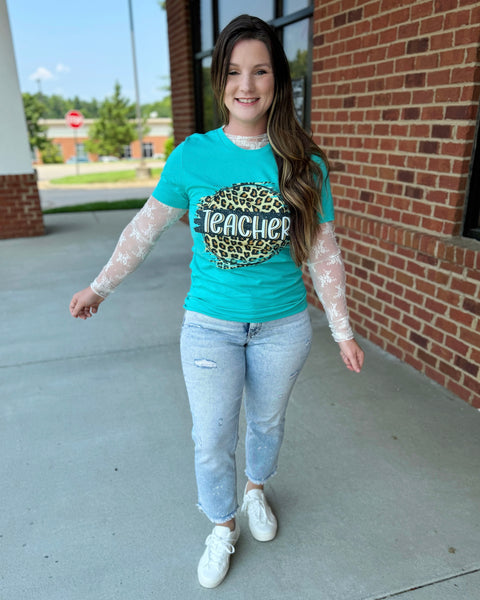 TEACHER REG/CURVY Tee in Teal/Leopard