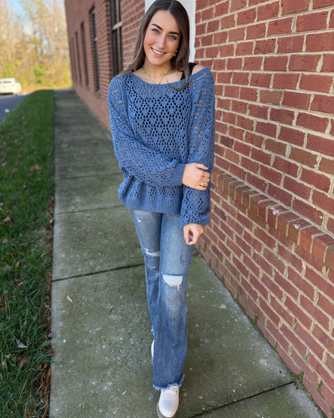 Addison Boat Neck Crochet Sweater in Denim